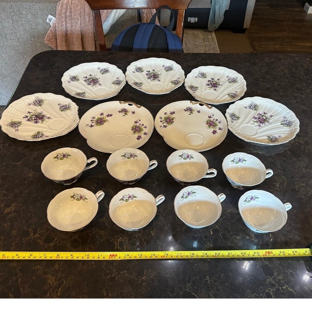 Lefton Vintage Purple Violet China Set 15pc -7 Shell Plates & 8 Cups Gold Rim